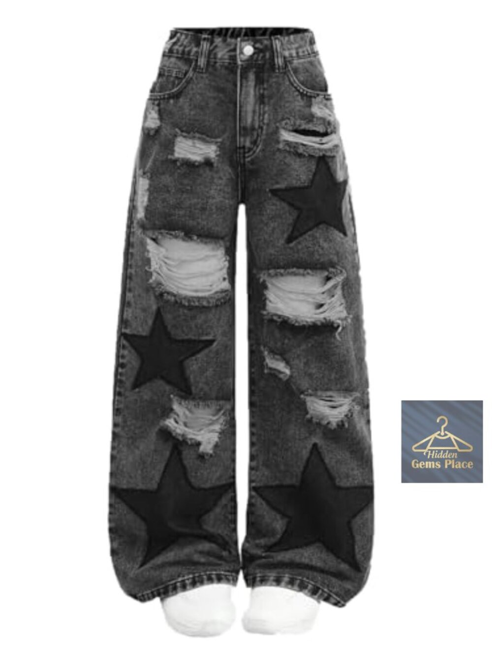 Plus Size Distressed Wide Leg Jeans with Star Patches, High Waist Ripped Denim